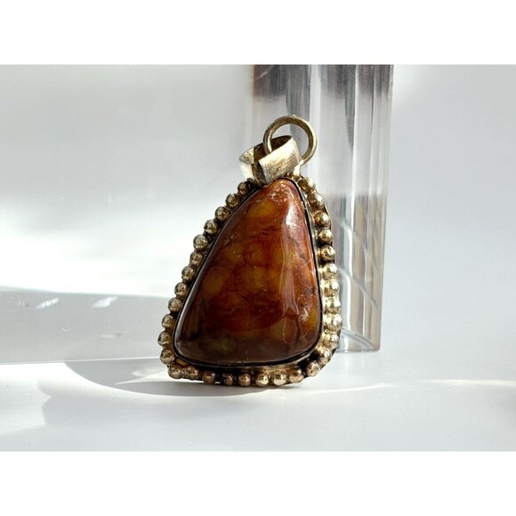 Botswana Agate Triangular Sterling Silver 925 Bead Framed Vintage Pendant - Picture 9 of 10